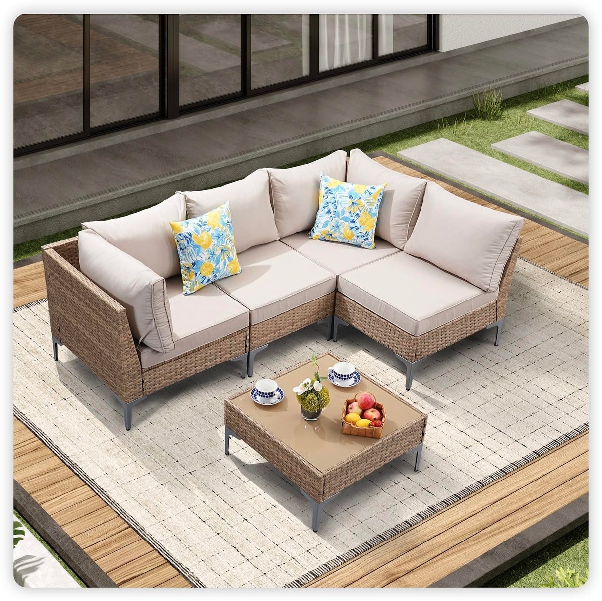 JOYURE 5 Piece Wicker Patio Furniture Set,Outdoor Conversation Sectional Sofa w/Coffee Table,All-Weather Outdoor Sofa with Thick and Anti-Slip Cushions for Deck,Poolside,Garden,Beige JOYURE