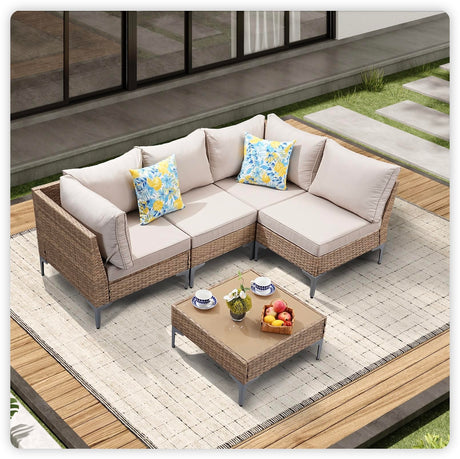 JOYURE 5 Piece Wicker Patio Furniture Set,Outdoor Conversation Sectional Sofa w/Coffee Table,All-Weather Outdoor Sofa with Thick and Anti-Slip Cushions for Deck,Poolside,Garden,Beige JOYURE