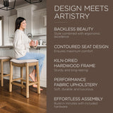 Maven Lane Adrien 26 Inch Counter Height Upholstered Backless Saddle Barstool in Natural Wood Finish with Wheat Cream Fabric Cushion Seat, Set of 2 Maven Lane