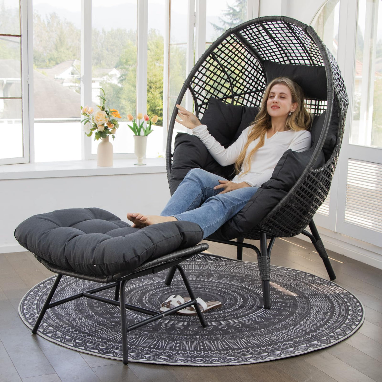 NICESOUL Patio Egg Chair with Ottoman, Indoor Outdoor Egg-Shell Lounge Chair, Cozy Oversized Round Circle Chair, 440lbs Boho Rattan Egg-Shaped Papasan w/Cushion for Living Room, Exterior, Porch, Gray NICESOUL