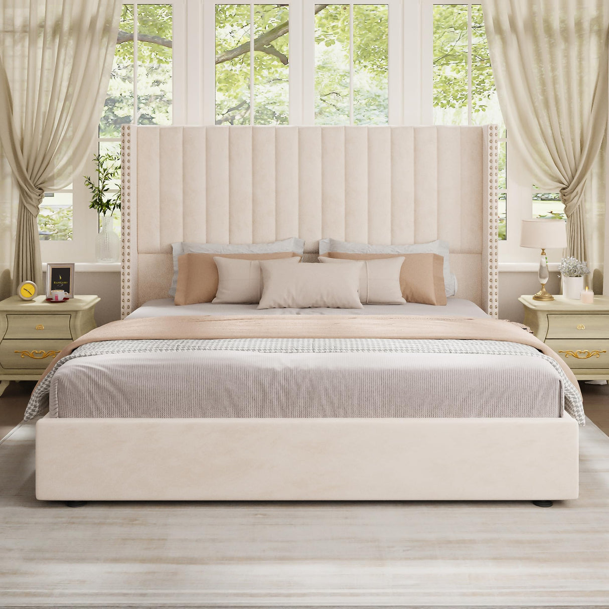 Jocisland Lift up Storage Bed Frame King Size, Upholstered Platform Bed Velvet with Channel Tufted Wingback Headboard, No Box Spring Needed, Cream Jocisland