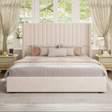 Jocisland Lift up Storage Bed Frame King Size, Upholstered Platform Bed Velvet with Channel Tufted Wingback Headboard, No Box Spring Needed, Cream Jocisland
