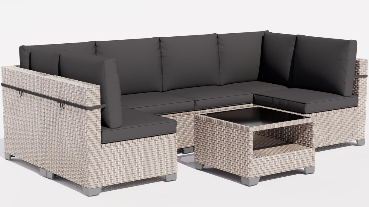 Aukreolis 7 Pieces Patio Furniture Set, Outdoor Sectional Wicker Sofa with Thick Cushions and Storage Coffee Table, Rattan Patio Conversation Sets for Deck Yard Poolside, Black Aukreolis