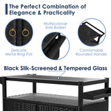 Xilingol Outdoor Bar Table, Wicker Bar Cart with Cabinet, Patio Serving Cart with Tempered Glass Top, Lockable Wheels, Rounded Handle & Side Basket for Garden, Poolside & Backyard, Black Xilingol