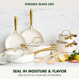 GreenPan Swift 12 Piece Cookware Pot and Pans Set, PFAS & PFOA-Free Healthy Ceramic Nonstick, Gold Stainless Steel Handle, Versatile Cooking Essentials, Dishwasher & Oven Safe, Cream GreenPan