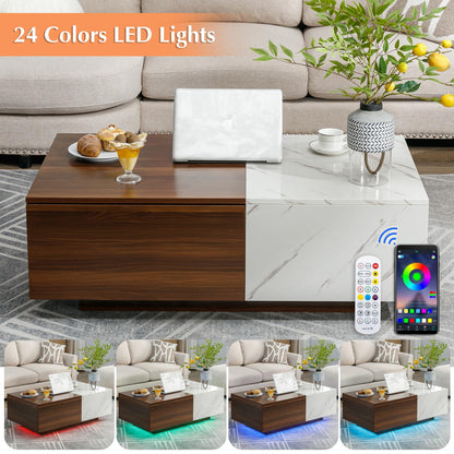 COSVALVE 43" LED Coffee Table for Living Room, Marble Coffee Tables with 2 Storage Drawers, Modern Center Table with 24 Colors LED Light, Walnut and White - WoodArtSupply