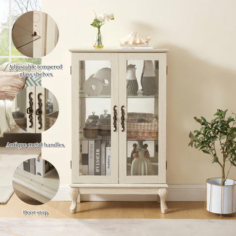 CKEASEAN Lighted Curio Cabinet, 44" H Glass Display Cabinet with 3-Tier Adjustable Glass Shelves, China Cabinet with Mirrored Back Panel for Living Room, Light Blub Included(White) CKEASEAN