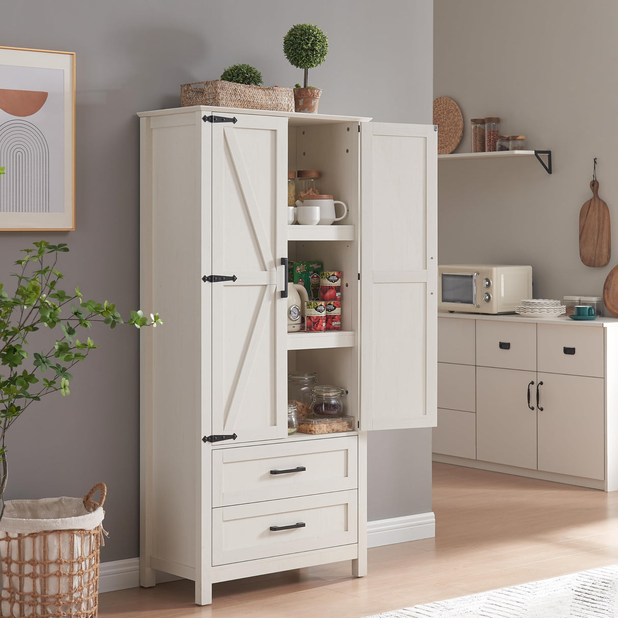 Alaxgumrol Kitchen Pantry Storage Cabinet, Food Pantry Cabinet with 2 Drawers & Adjustable Shelves & Barn Doors, Farmhouse Wood Pantry for Kitchen, Dining Room, Living Room, Bathroom, White Alaxgumrol