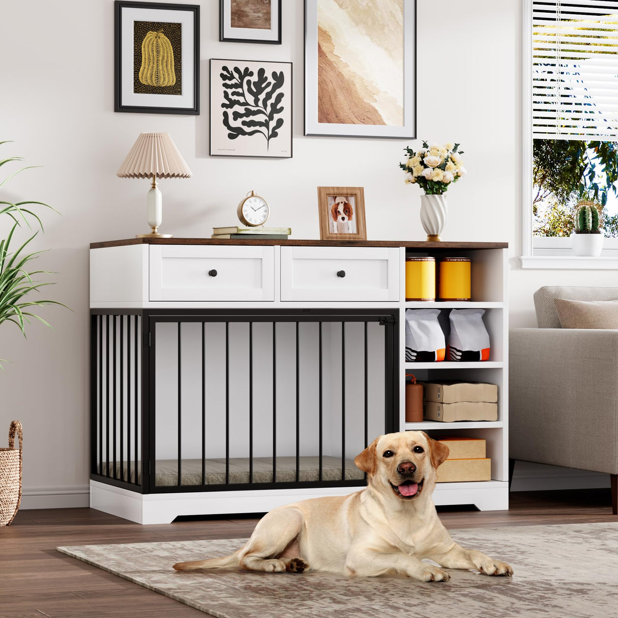Dog Crate Furniture 47”, Large Dog Crate TV Stand with 2 Drawers and 4 Shelves, Wooden Dog Kennel Indoor, Decorative Dog Cage with Storage for Large Dogs, White GarveeHome