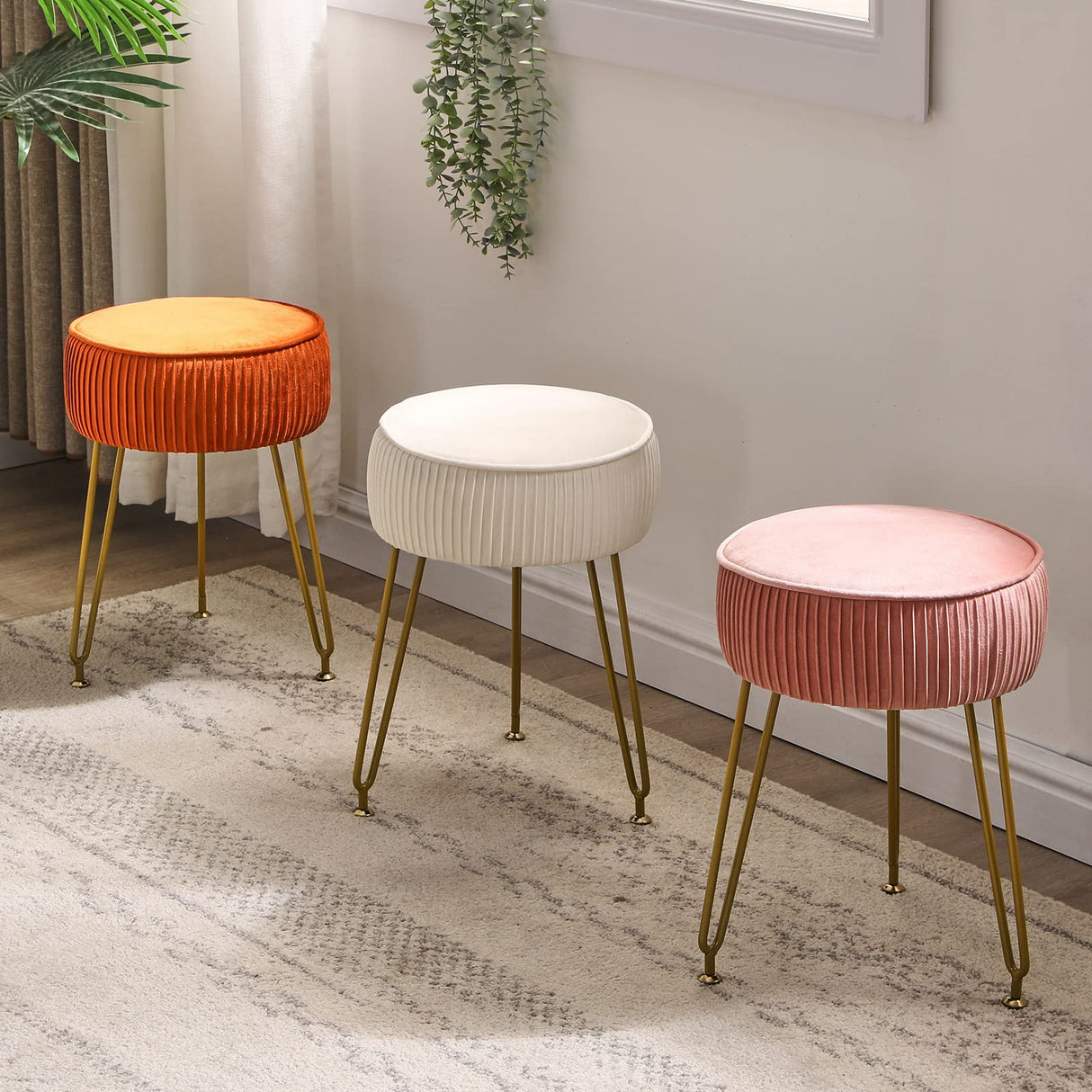 IBUYKE Velvet Round Footrest Stool Ottoman, Makeup Vanity Stool Side Table, Velvet Dressing Table Seat, Pouf Couch Stool, Golden Steel Legs, Creamy-White LG-30M IBUYKE
