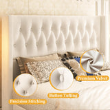 HISOFT Queen Bed Frame, Velvet Upholstered Queen Platform Bed with 48.8" Tall Wingback Headboard, Button Tufted, No Box Spring Needed, Noise-Free, Cream HISOFT