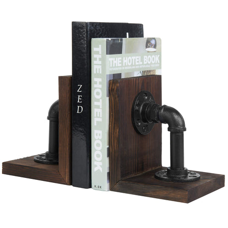MyGift Dark Brown Industrial Pipe & Rustic Wood Bookends, Set of 2 MyGift