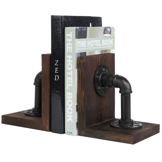 MyGift Dark Brown Industrial Pipe & Rustic Wood Bookends, Set of 2