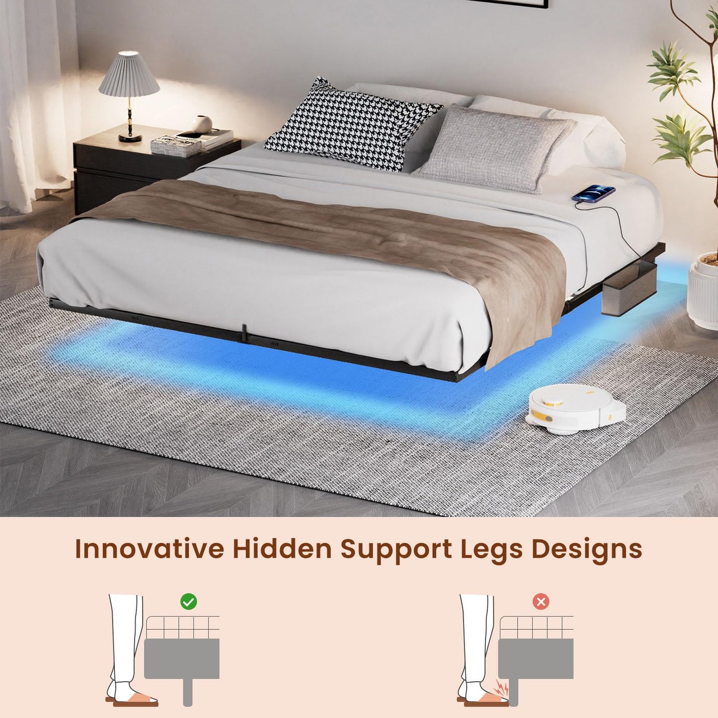 Mdhitsox King Floating Bed Frame with LED Lights, Charging Station & Storage Bag - WoodArtSupply