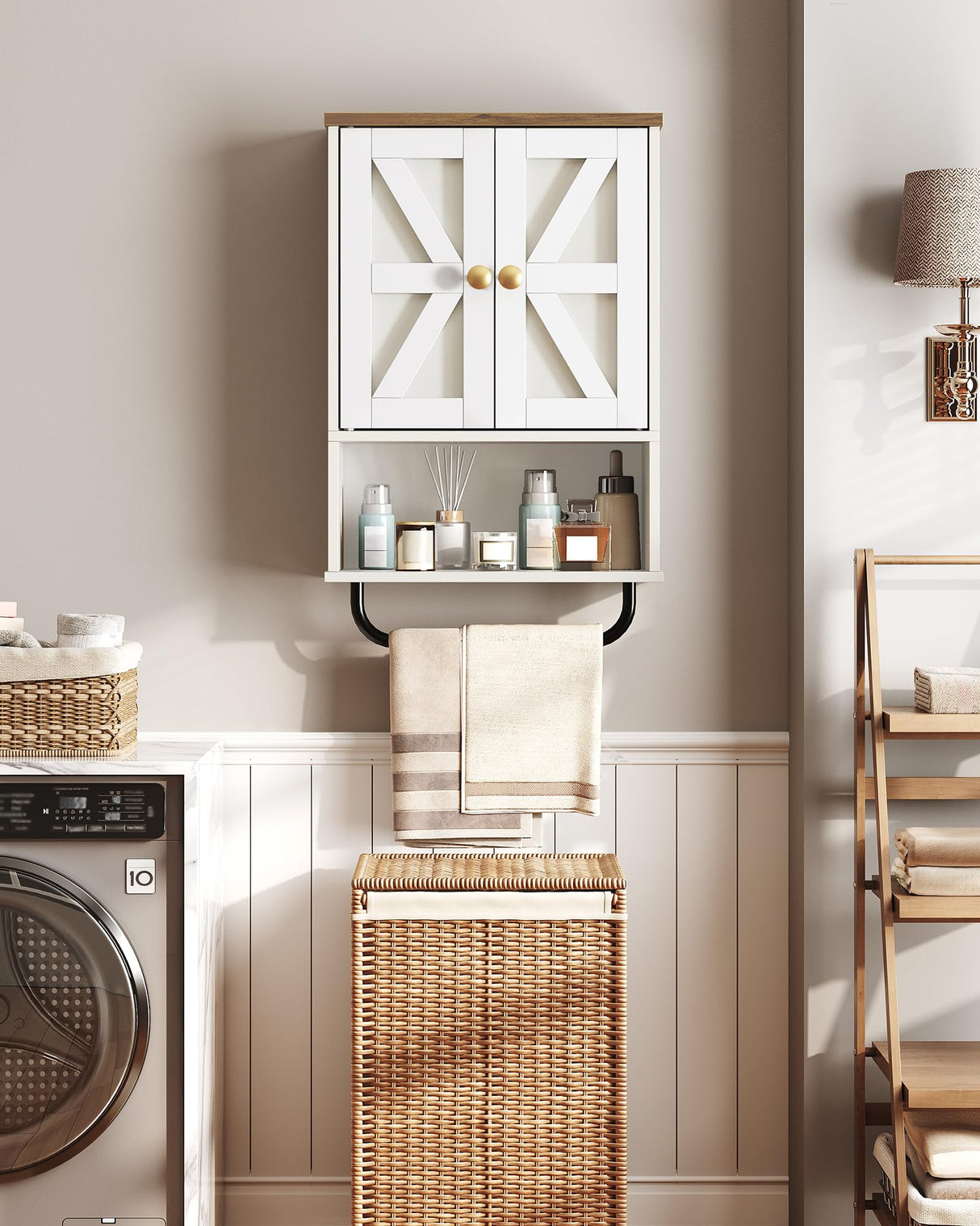 CHOEZON Bathroom Wall Cabinet, Medicine Cabinet with Open Partition and Towel Bar, Rustic Storage Cabinet with Open and Hidden Storage Space, for Bathroom, Living Room, Kitchen, White and Walnut CHOEZON