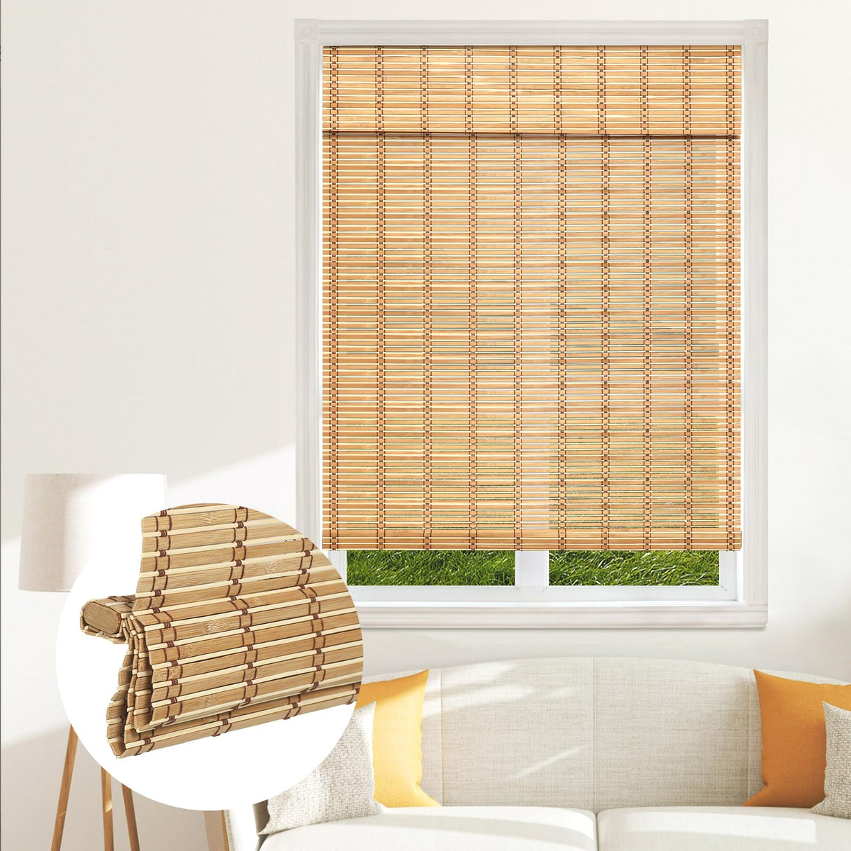 SEEYE Cordless Bamboo Blinds Shades, Light Filtering Bamboo Roller Shades Natural Roman Blind Shade, Bamboo Roll Up Blind for Windows, Easy to Install for Door, Patio, Bedroom, 26" W x 64" H,Natural SEEYE