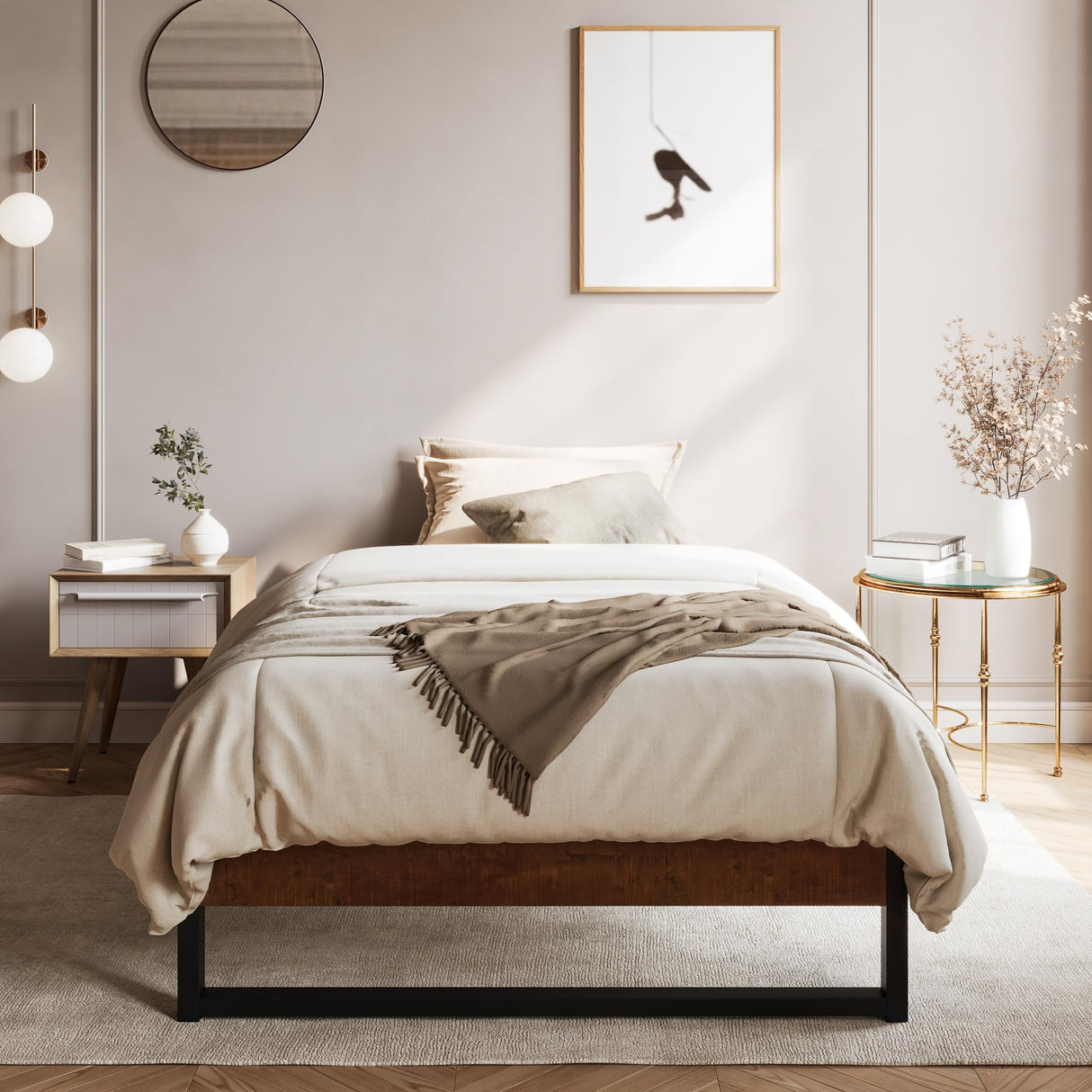 SHA CERLIN 14'' Twin Size Metal Platform Bed Frame with Rustic Wood & Reverse Holes/Ample Under-Bed Storage Space/Mattress Foundation/No Box Spring Needed/Easy Assembly SHA CERLIN