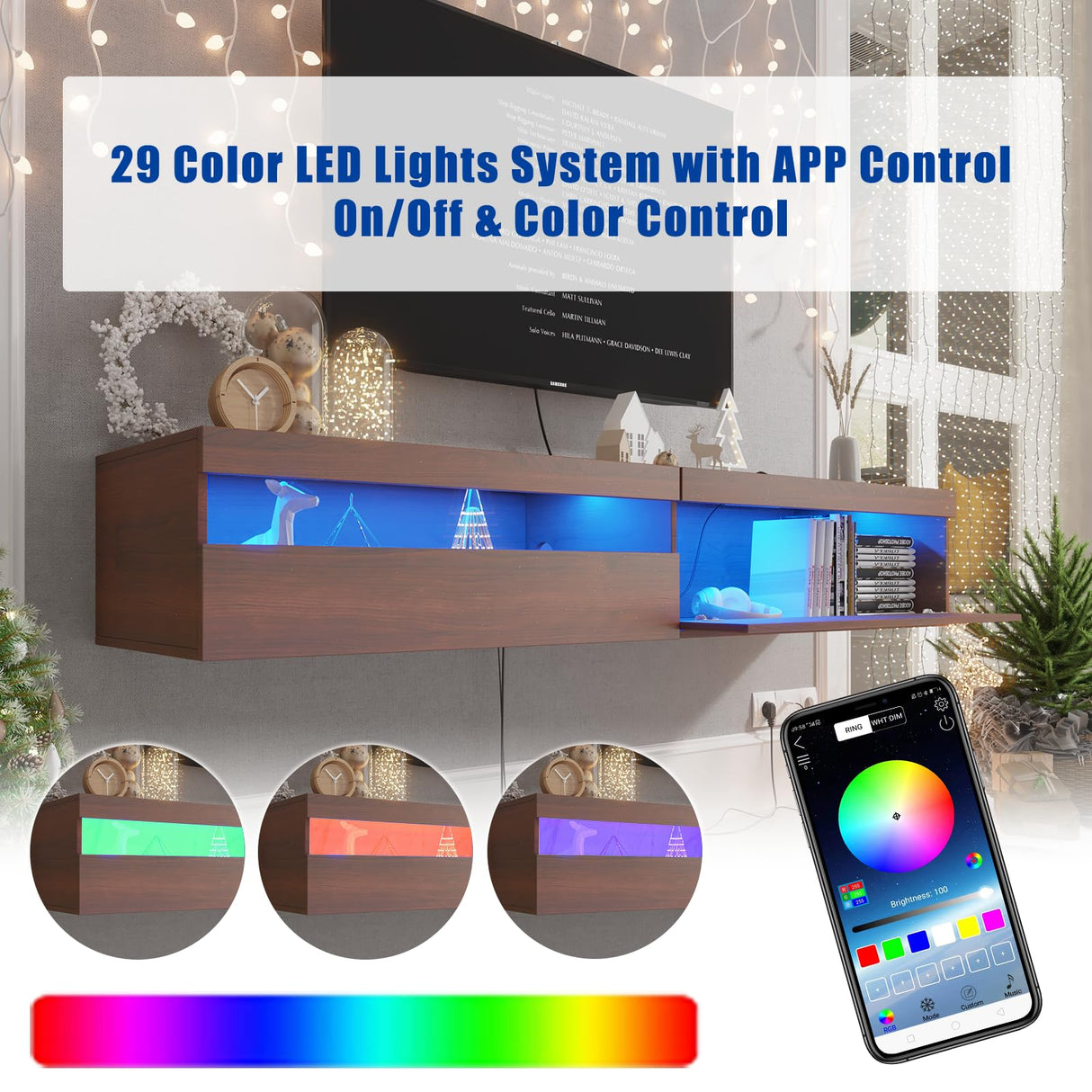 ANTISTA Floating TV Stand with Led Lights, 71 inch Wall Mounted TV Shelf with Power Outlet, Modern Entertainment Center Media Console with Storage Cabinet, Up to 80 Inch TVS, Walnut ANTISTA