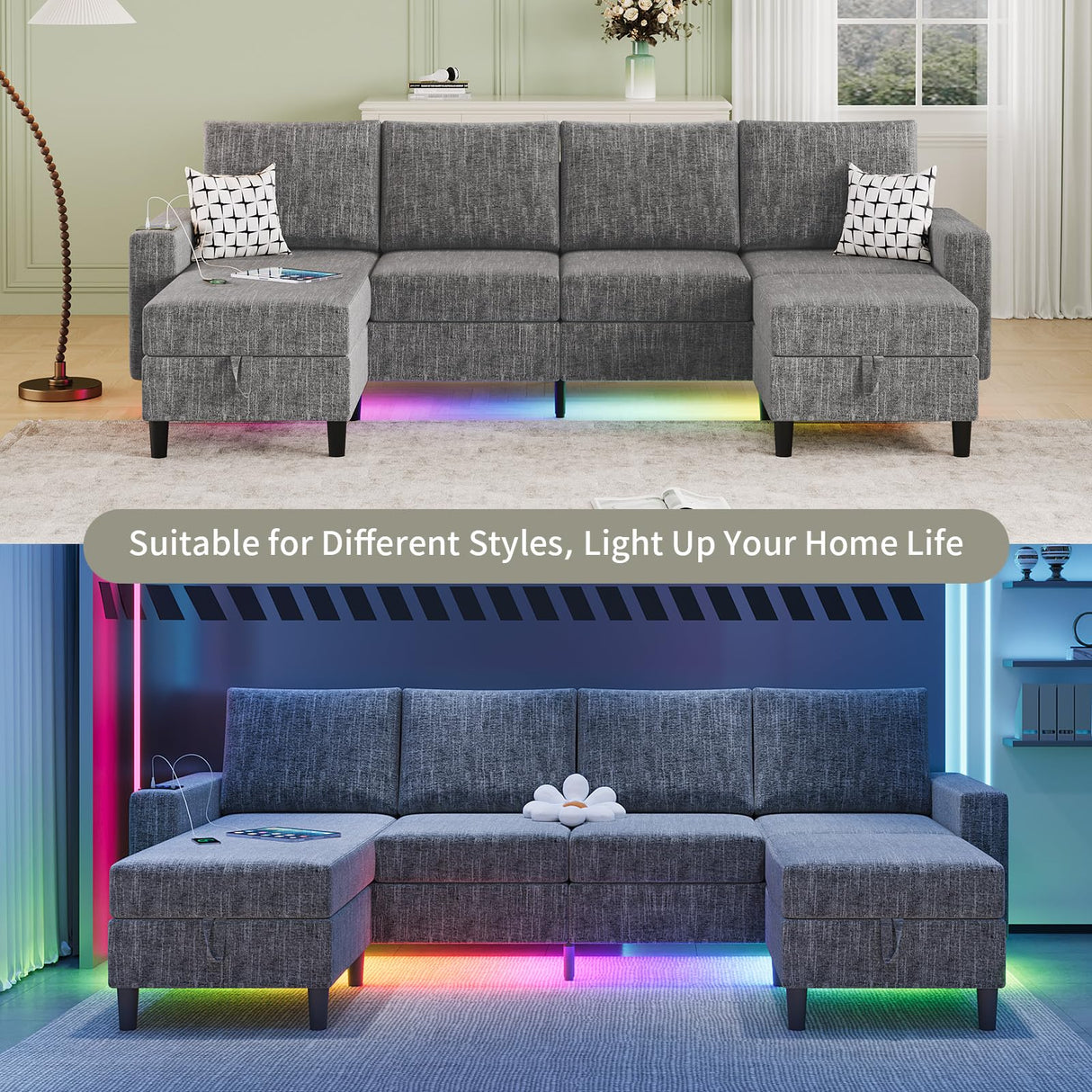 Sectional Couches for Living Room, 6-Seats Soft Linen Fabric Sectional Sofa with Storage Ottoman, Modern Convertible U/L Shaped Couch with Smart Charging Module/LED Light/Music Sync (Light Grey) BULAIMEIKEEY