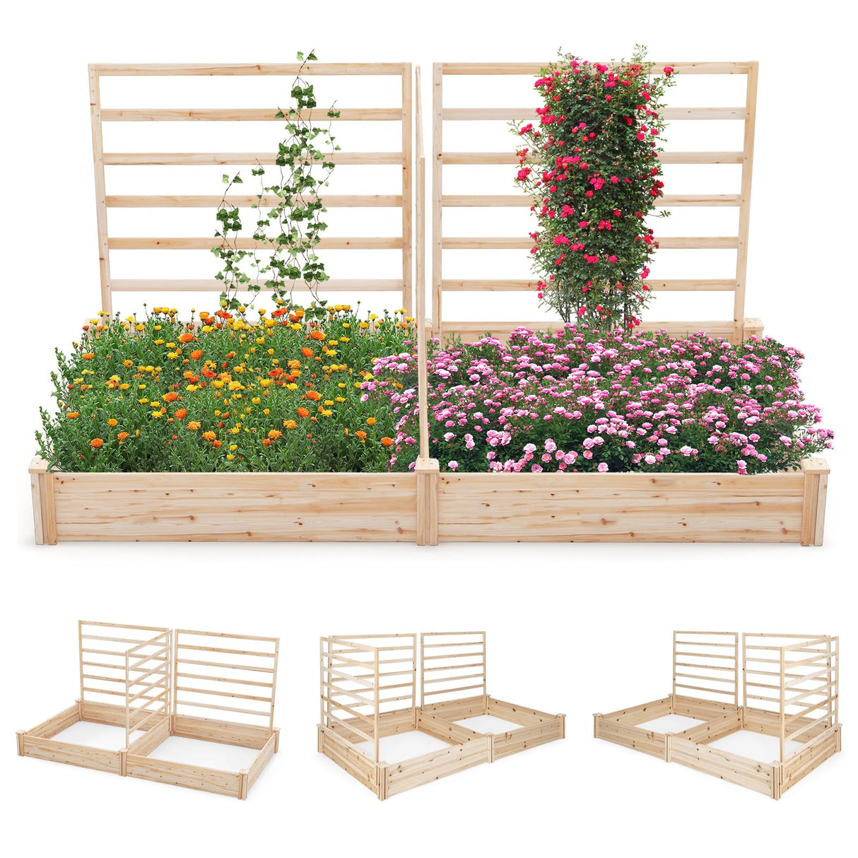 HAPPYGRILL Raised Garden Bed with 3 Trellises, Outdoor Wood Raised Bed w/ 2 Planter Boxes for Flowers, Vegetables, Fruits Climbing Vines, Elevated Garden Box for Yard Patio, 88" L x 45" W x 43" H HAPPYGRILL