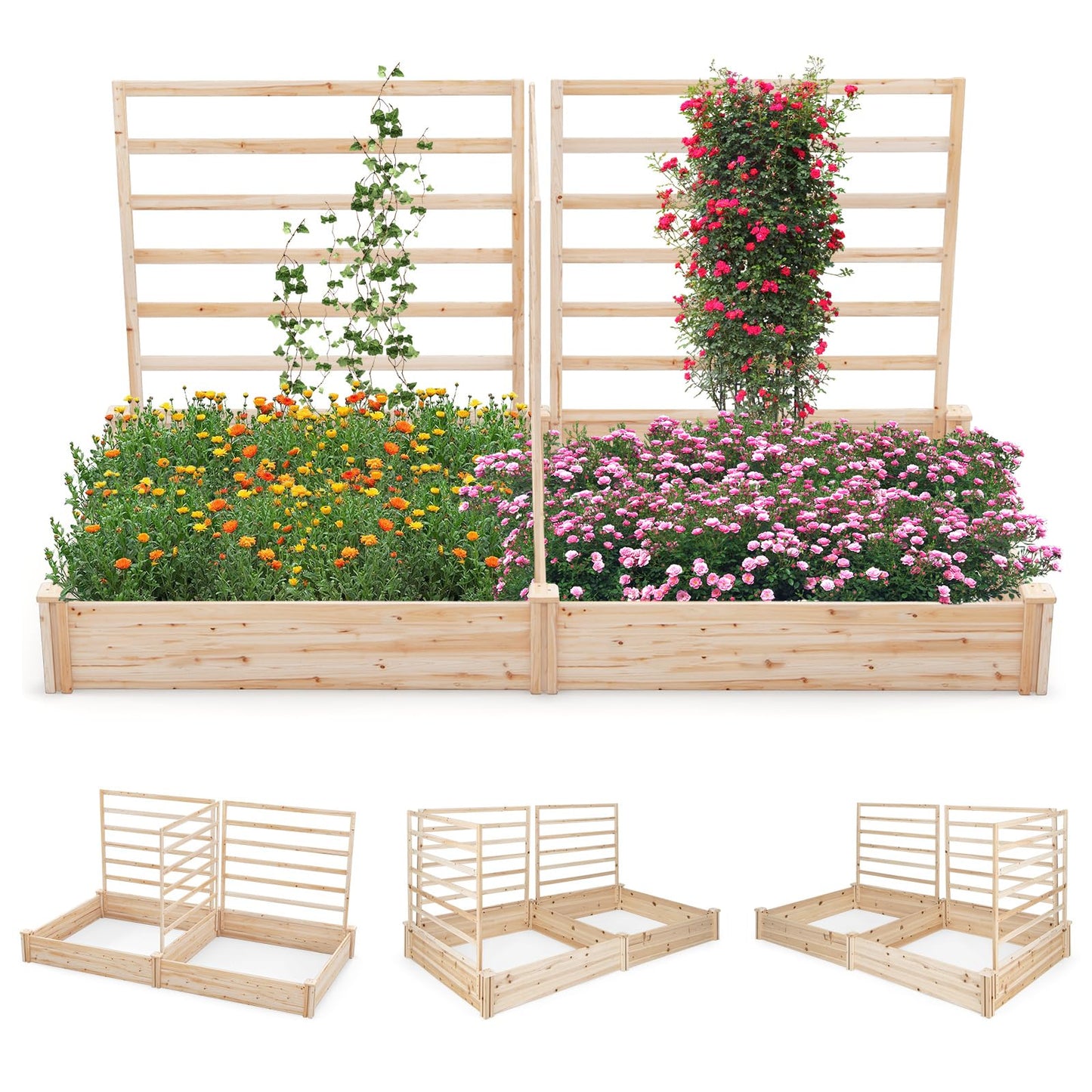 HAPPYGRILL Raised Garden Bed with 3 Trellises, Outdoor Wood Raised Bed w/ 2 Planter Boxes for Flowers, Vegetables, Fruits Climbing Vines, Elevated Garden Box for Yard Patio, 88" L x 45" W x 4 - WoodArtSupply