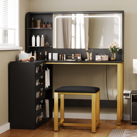 DWVO Vanity Desk with LED Lighted Mirror and 3 Lighting Modes, L-Shaped Corner Vanity, 48" Large Dressing Table with 5 Tempered Glass Drawers with Open Storage Shelves Vanity Table, Black DWVO