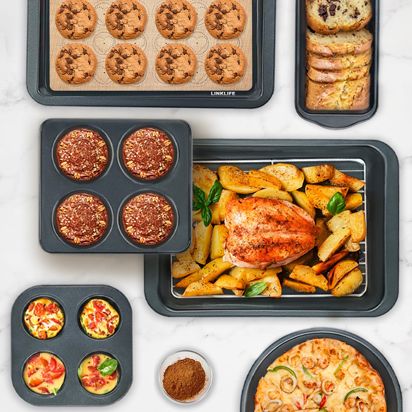 8-Piece Baking Pans Set with Rack, Nonstick Bakeware Include Muffins & Muffin Tops Pan, Baking Tray, Cookie Sheet with Mat, Loaf Pan, Round Cake Pan, Carbon Steel Baking Set