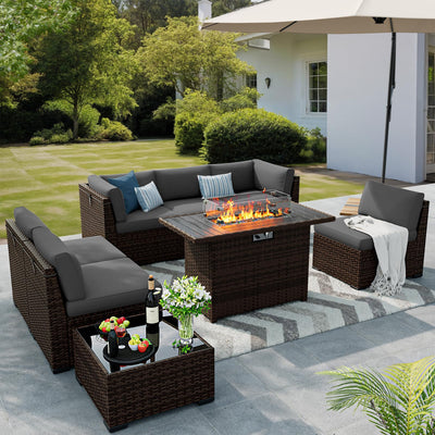 VONZOY 8 Pieces Outdoor Patio Furniture Set with 44" Fire Pit Table Rattan Sectional Conversation Sets w/Gas Fire Pit, Coffee Table, 2 Waterproof Covers, Dark Grey