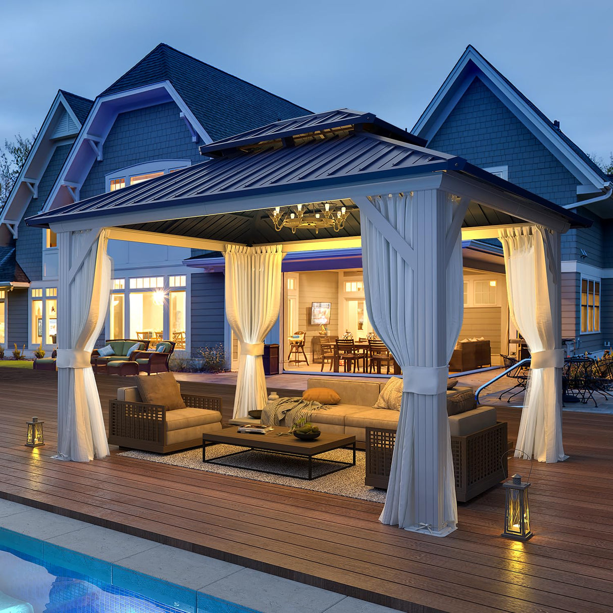 EROMMY 10'x12' Gazebo Hardtop, Galvanized Steel Double Roof Metal Gazebo with Aluminum Frame, Permanent Outdoor Pavilion with Curtain and Netting for Patio Lawn and Garden, Blue EROMMY