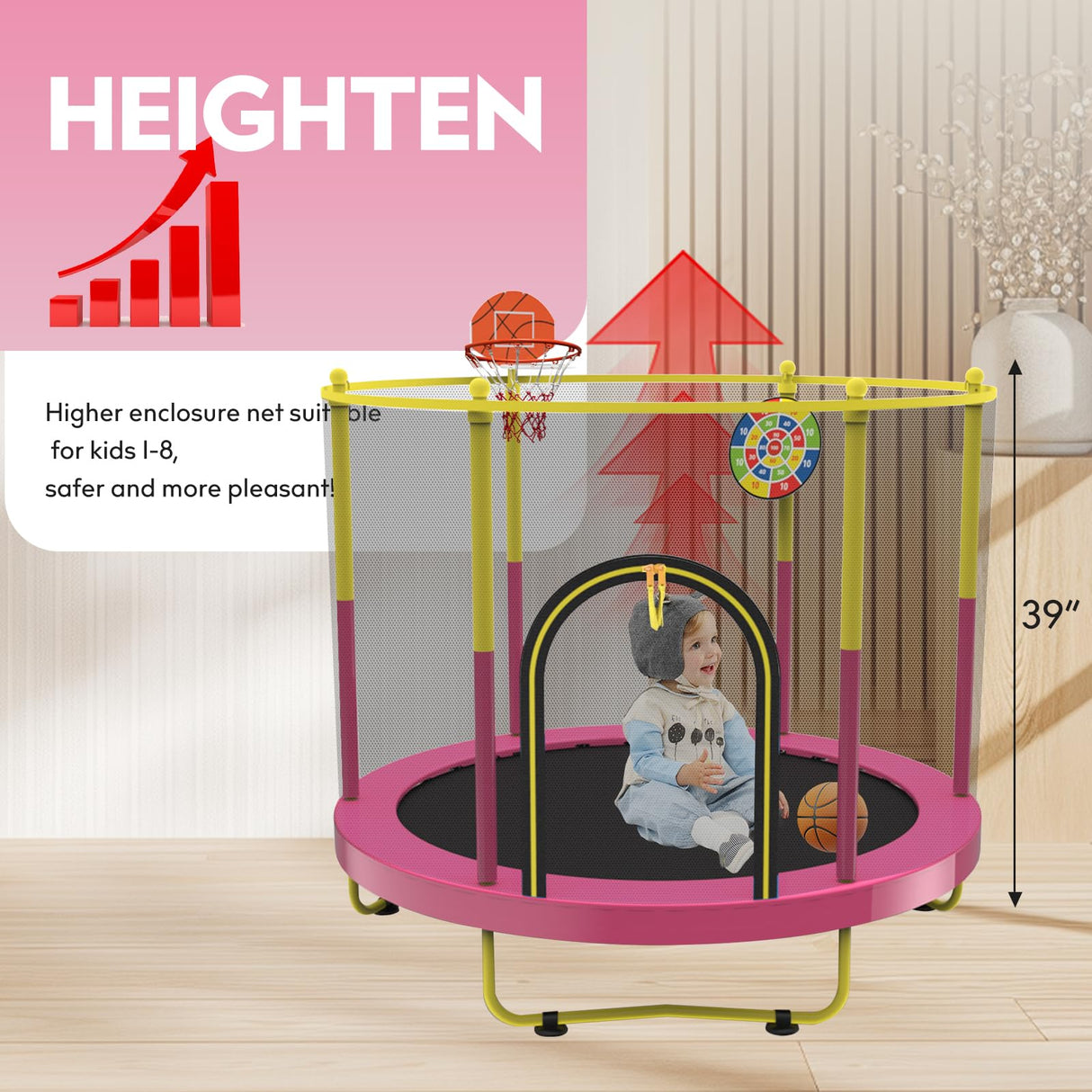 72" Trampoline for Kids with Net,6 FT Indoor & Outdoor Small Toddler Trampoline with Basketball Hoop & Dart Board for Ages 1-8, Birthday Gifts for Boys & Girls, Baby Toddler Christmas Toys Pink Sedeke