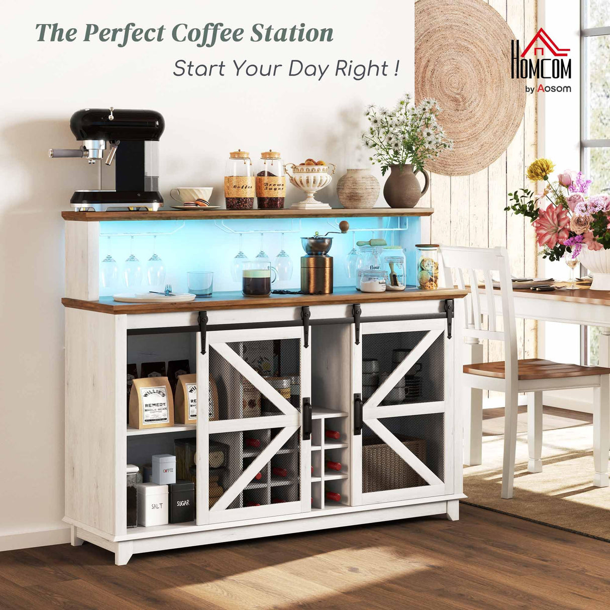 HOMCOM Farmhouse Coffee Bar Cabinet with Smart App Control LED Lights, 55" Wine Bar Cabinet with 12-Bottle Rack, Glass Holder, Kitchen Sideboard Buffet with Sliding Mesh Doors, Distressed White HOMCOM