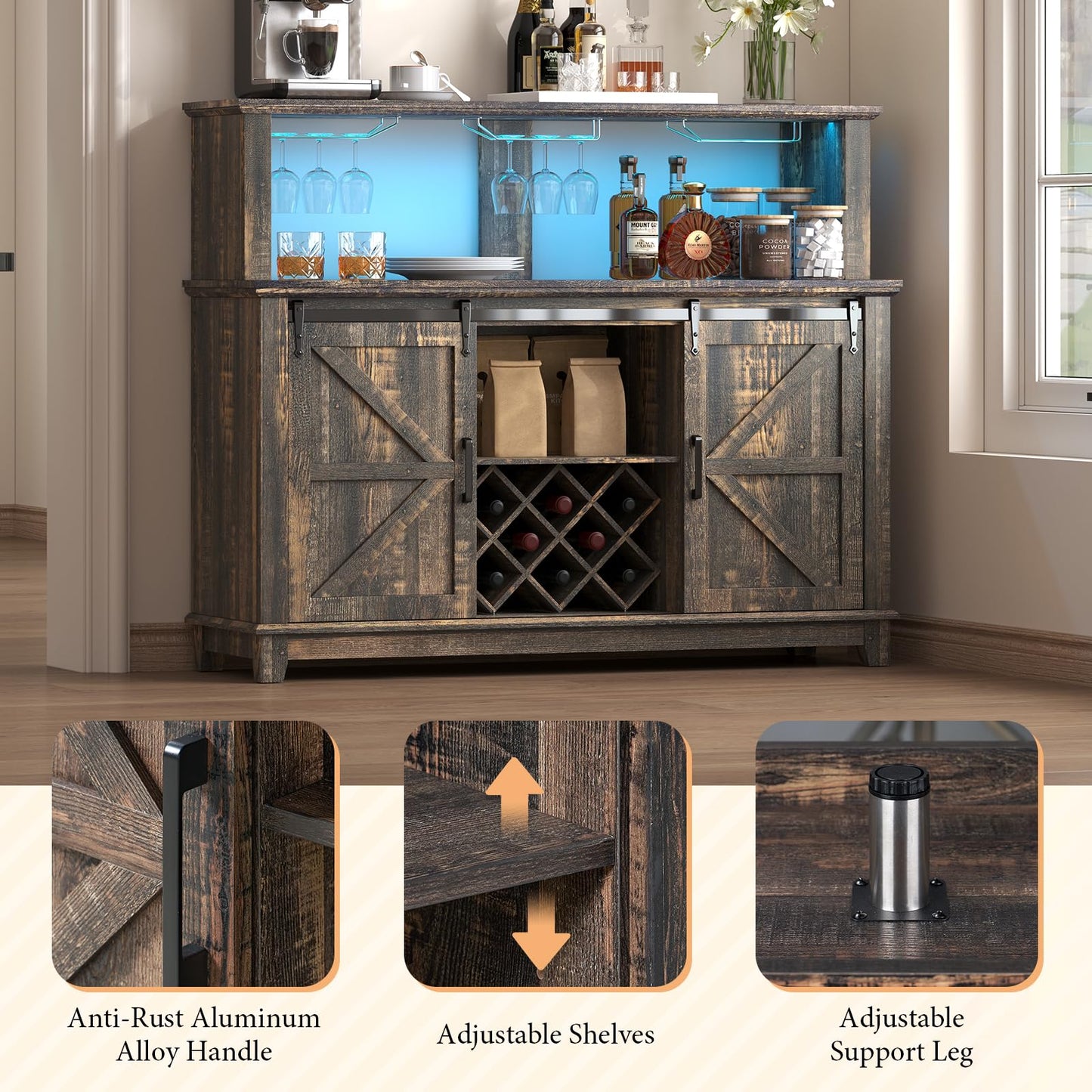 VanAcc Farmhouse Buffet Wine Cabinet with LED Lights, 55" Coffee Bar with 2-Tier Storage, Glass Holders, 8 Wine Racks, Home Liquor Hutch Cabinet with Barn Door, Rustic Black