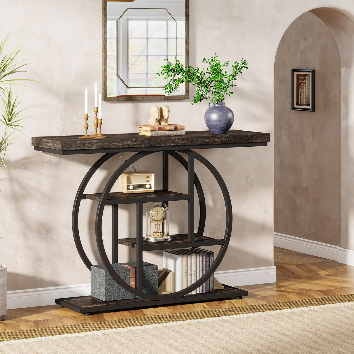 Tribesigns 41.3" Console Table, Industrial 4-Tier Sofa Table Entryway Table with Circle Base, Narrow Wood Accent Tables with Storage Shelves for Living Room, Hallway, Foyer, Black Tribesigns