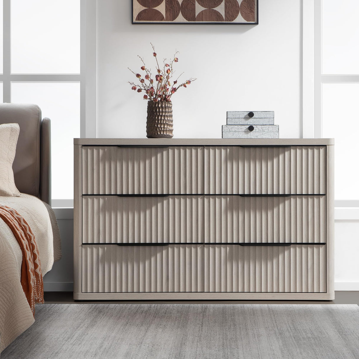 SICOTAS Dresser for Bedroom 53.5" Wide 6 Drawer Dressers & Chests of Drawers for Closet Long Large Modern TV Stand Set for Clothes Storage Fluted Clothes Closet for Hallway Entryway, White Alder SICOTAS