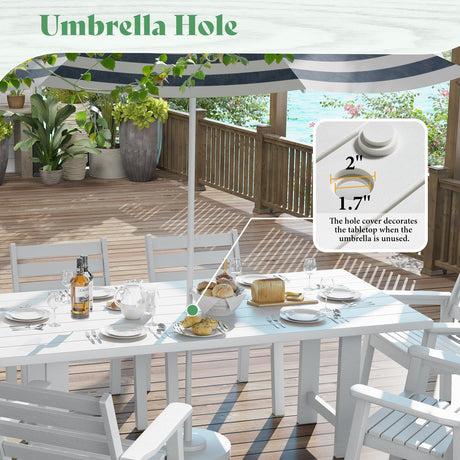 AMERLIFE 7-Piece HDPE Outdoor Dining Table Set with 6 Chairs, 71" L Patio Dining Furniture Set with Umbrella Hole, Modern Dinner Table & Chairs Set for Garden, Backyard, Poolside, White AMERLIFE