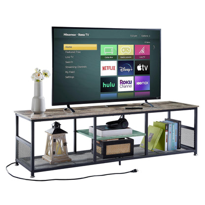 VECELO TV Stand with Power Outlets for Televisions up to 75Inch, 62" Media Entertainment Center with Charging Station 3-Tier Open Storage Shelves with Metal Frame for Living Room/Bedroom，Grey