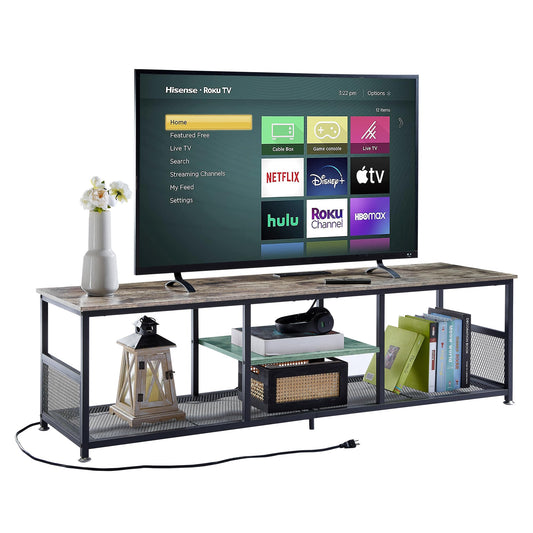 VECELO TV Stand with Power Outlets for Televisions up to 75Inch, 62" Media Entertainment Center with Charging Station 3-Tier Open Storage Shelves with Metal Frame for Living Room/Bedroom，Grey