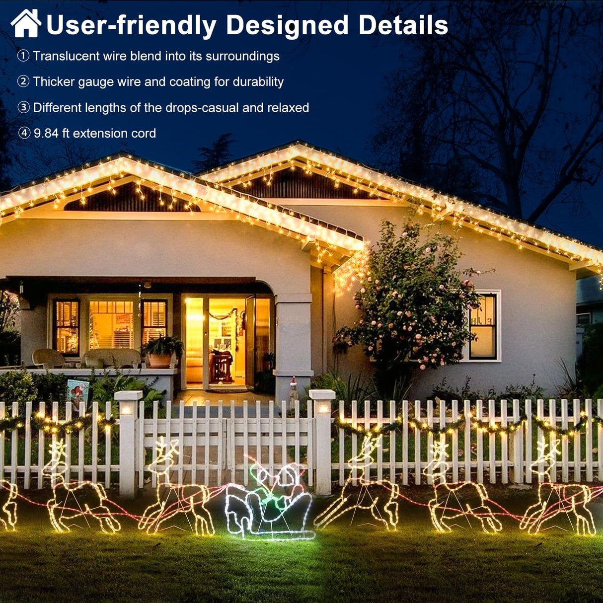 Warm White Christmas Lights Outdoor, 66ft 640 LED Icicle Lights for Outside House with Connectable Clear Wire 8 Modes Timer, Plug in Waterproof for Home Holiday Eaves Yard Party Room Indoor Decoration Nielfoi