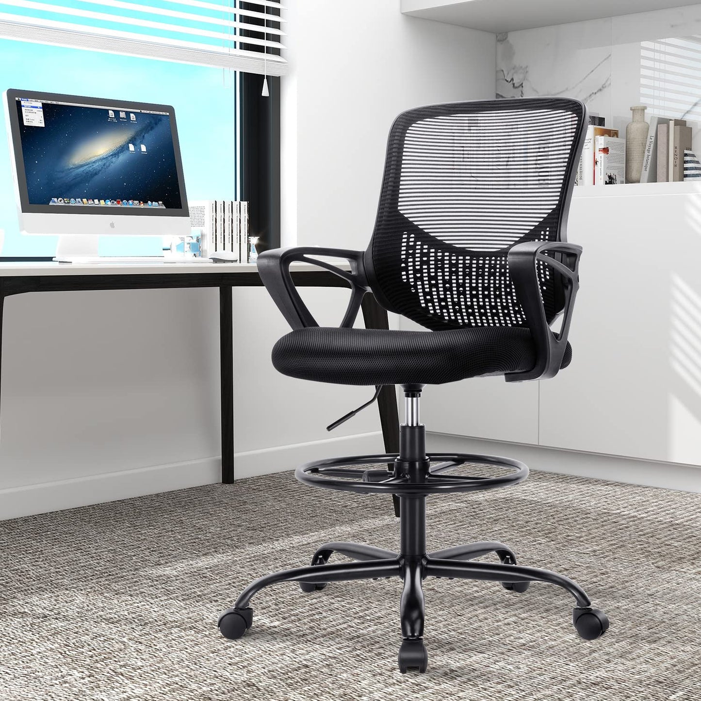 Tall Office Chair, Drafting Chair, Standing Desk Chair, High Adjustable Office Mesh Chair, Ergonomic Counter Height Computer Rolling Chair with Armrests and Foot-Ring for Bar Height Desk - WoodArtSupply