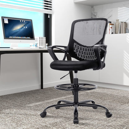 Tall Office Chair, Drafting Chair, Standing Desk Chair, High Adjustable Office Mesh Chair, Ergonomic Counter Height Computer Rolling Chair with Armrests and Foot-Ring for Bar Height Desk - WoodArtSupply