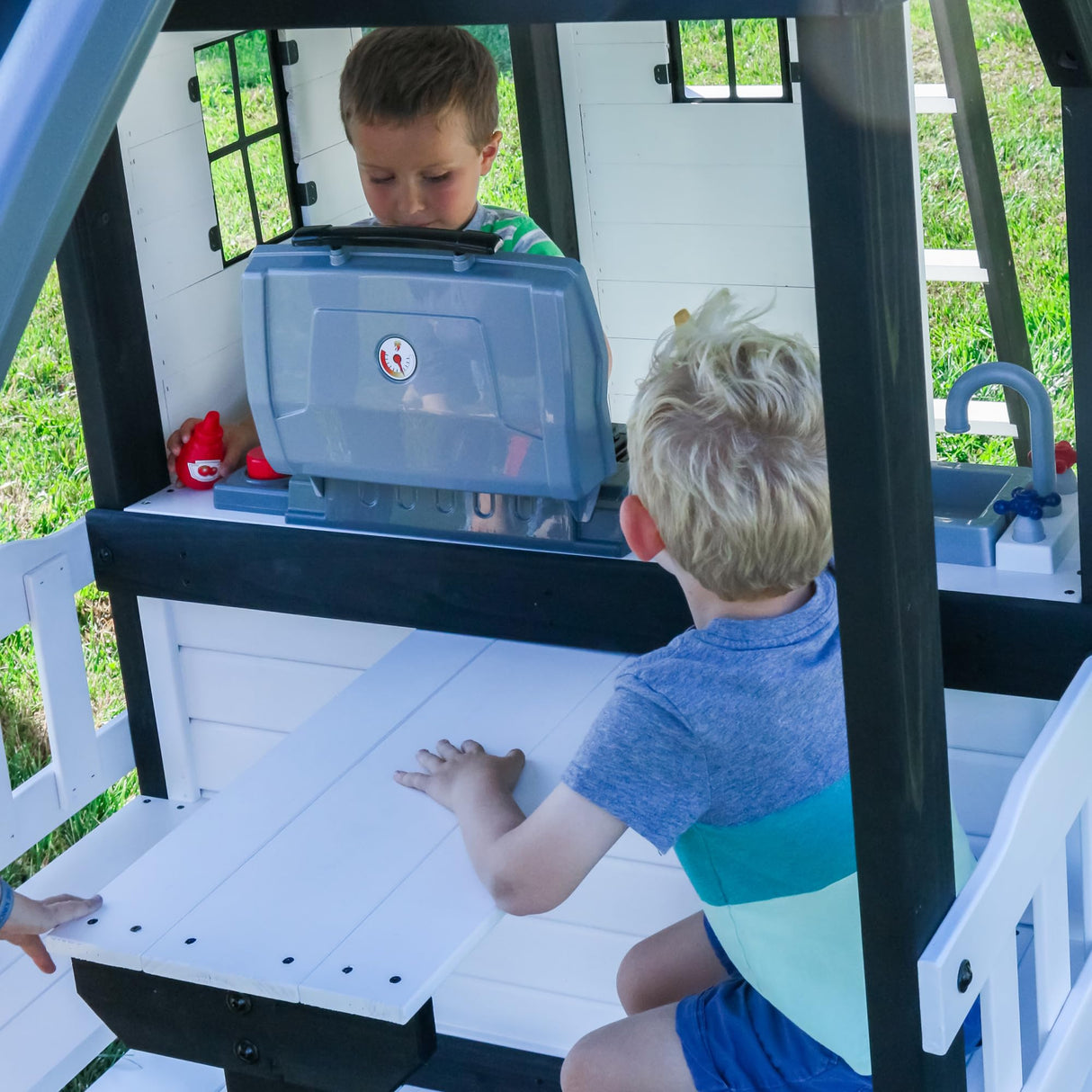 Backyard Discovery Canyon Creek White Cedar Wood Swing Set with Wave Slide, Clubhouse, Play Kitchen, Picnic Area, Belt Swings, Web Swing, Rock Wall, Balconies, Playhouse, Step Ladder, Outdoor Playset Backyard Discovery