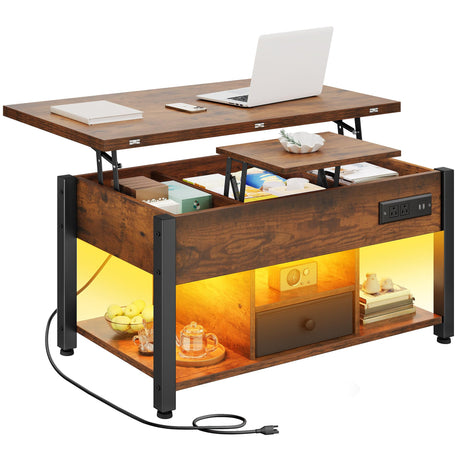 YITAHOME 4-in-1 Lift Top Coffee Table with RGB Light & Dual Tops, Multi-Function Table with Power Outlets, Storage, Converts to Dining Table Computer Desk Gaming Hub, Living Room, Home Office, Brown YITAHOME