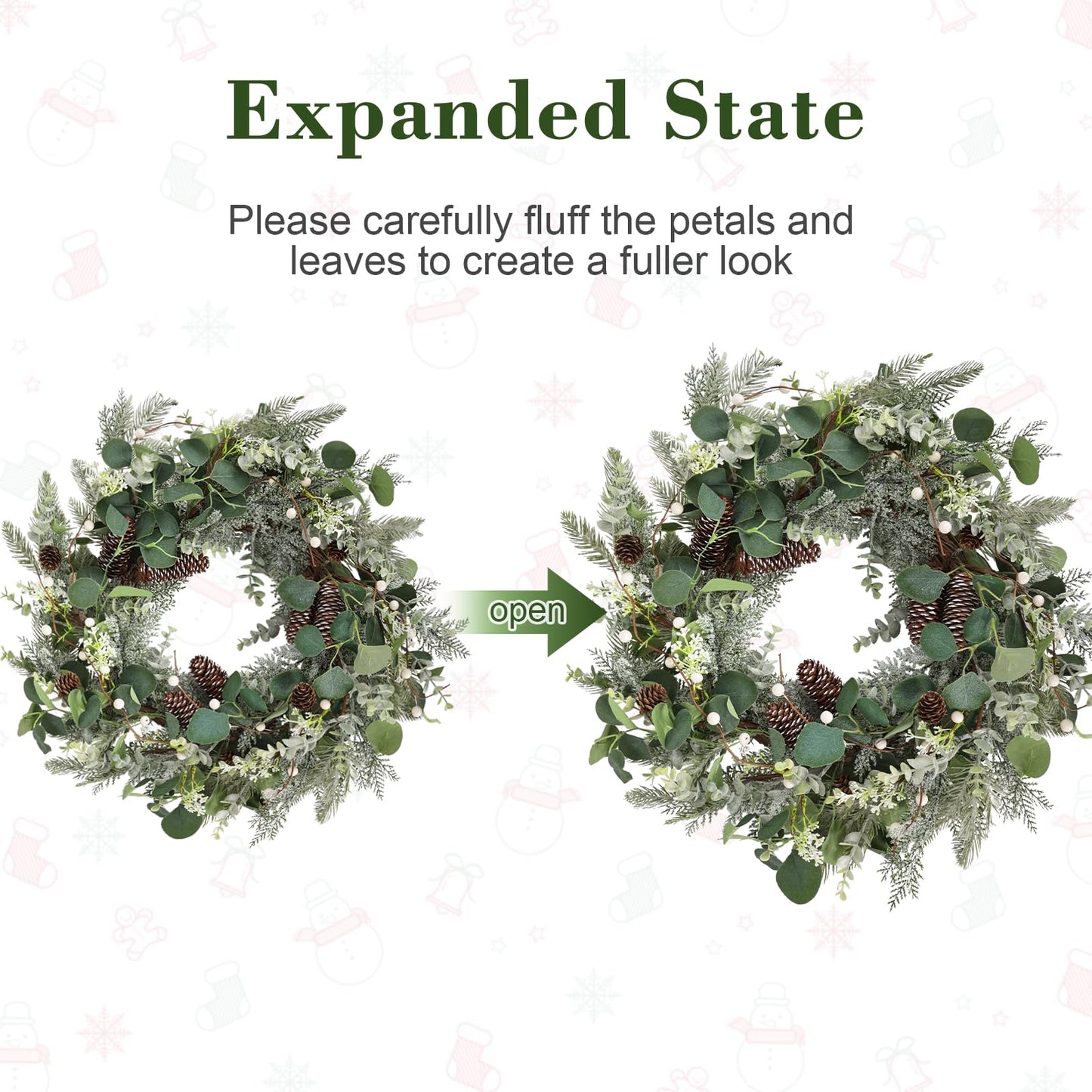 24" Christmas Wreath with Pine Cones White Berries, Winter Eucalyptus Artificial Faux Evergreen Wreath Greenery Decoration for Front Door Window Home Wall Farmhouse Holiday Outdoor Indoor Décor