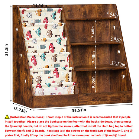 Lerliuo 4 Tier Kids Bookshelf and Storage Organizer, Five Layer Sling Children Bookcase, Baby Toddler Wooden Book Shelf, Display Cabinet for Playroom, Bedroom, Classroom, Nursery, School (Brown) Lerliuo
