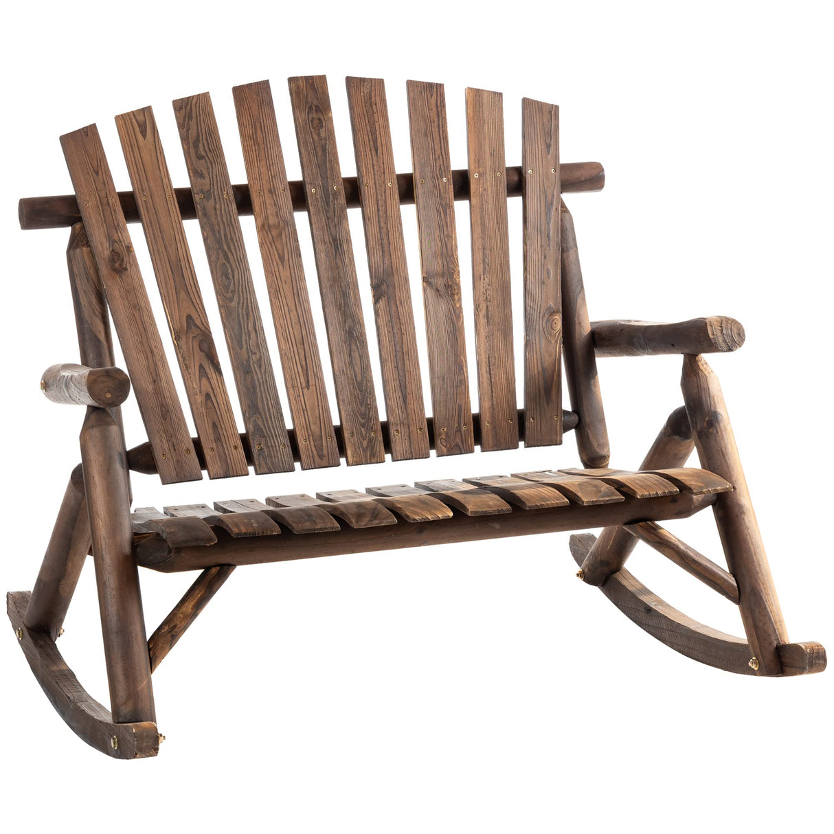 Outsunny Outdoor Wooden Rocking Chair, Double-Person Adirondack Rocking Patio Chair with Rustic High Back, Slatted Seat and Backrest for Indoor, Backyard, Garden, Carbonized Outsunny