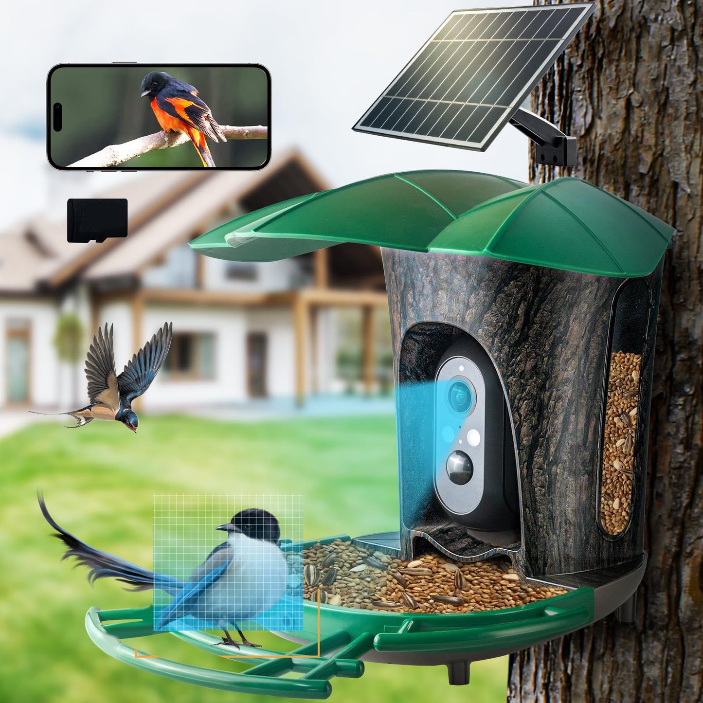 Smart Bird Feeder with Camera, Bird Watcher Camera with High Resolution AI Identify Bird Species with Solar Panels, Video Bird feeders with 180° Wide-Angle& Motion Detection,Ideal Gift for Bi - WoodArtSupply