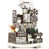 17 Pcs Chiristmas Tiered Tray Decor Winter Snowman Tiered Decorations Set Snowflake Reindeer Table Centerpieces Decor Winter Wooden Signs Table Decoration Without Tray for Farmhouse Party Funnymoom