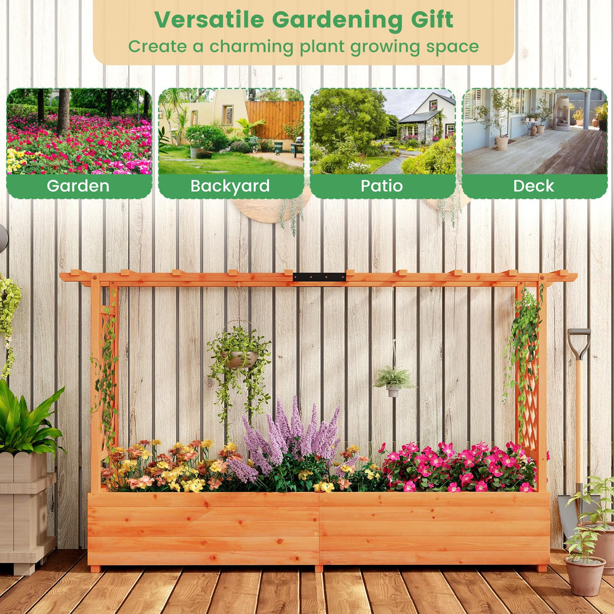 Giantex Raised Garden Bed with 2-Sided Trellis & Hanging Roof, Fir Wood Planter Box w/Drainage Holes, Bottom Gaps, Freestanding Garden Planter for Flowers Herbs Climbing Vines (79" x 17.5" x 45") Giantex