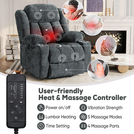 ABCASA Large Dual Motor Lay Flat Power Lift Recliner Chair for Elderly with Heat ＆ Massage, Comfortable Chenille Recliner, Cup Holder, Side Pocket,USB-A ＆ C Ports, Gray Blue ABCASA