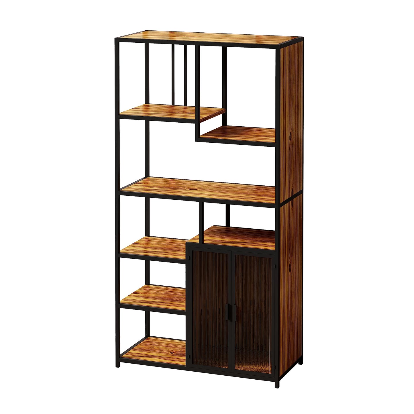 Wetiny 5-Tier Ladder Bookshelf with Glass Door and Cabinet – Industrial Style Storage for Home Office and Living Room - WoodArtSupply